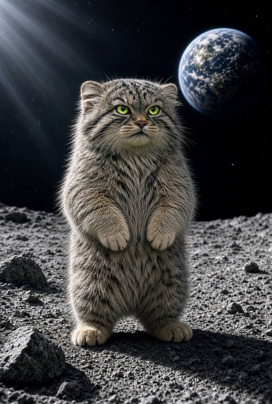 A fluffy Pallas's cat standing upright on a rocky lunar surface with Earth glowing in the background